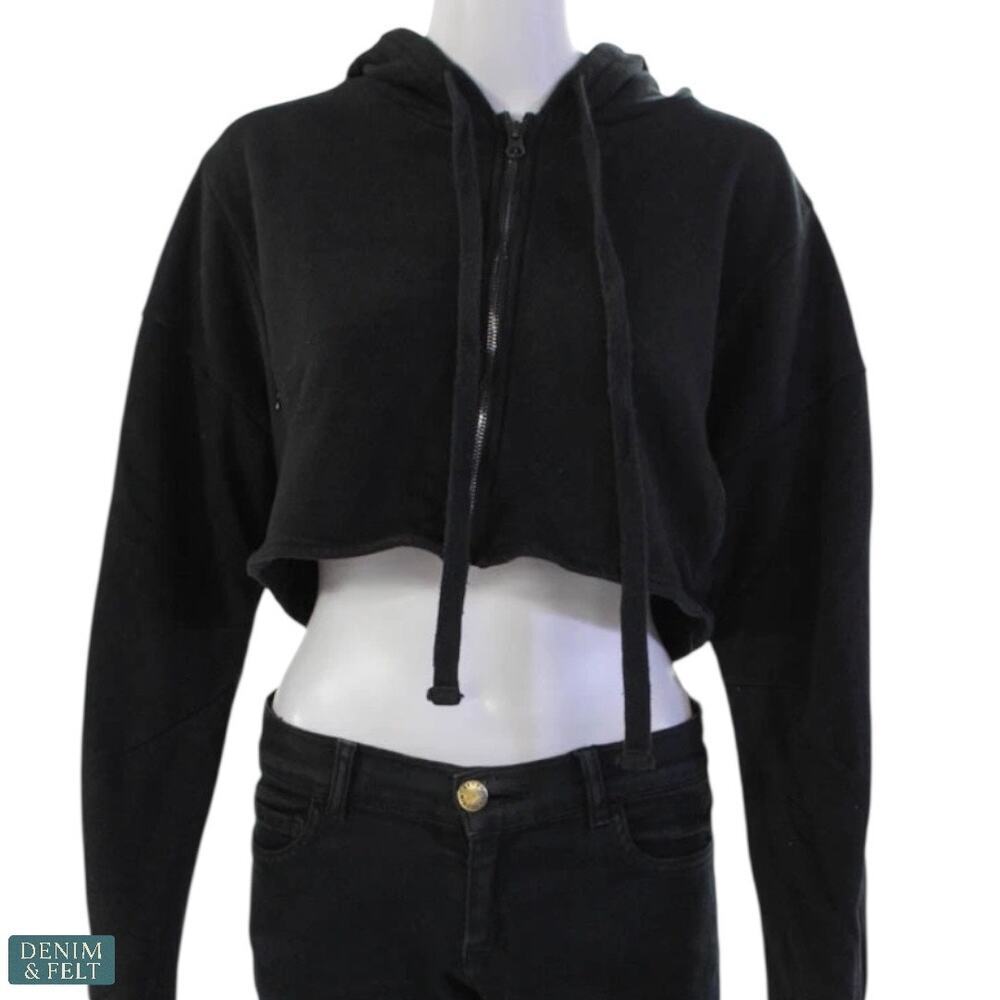 Alo Yoga Cropped Gym Zip-Up Hoodie Black Womens XS Thumbholes Long Sleeve Jacket - Picture 3 of 14